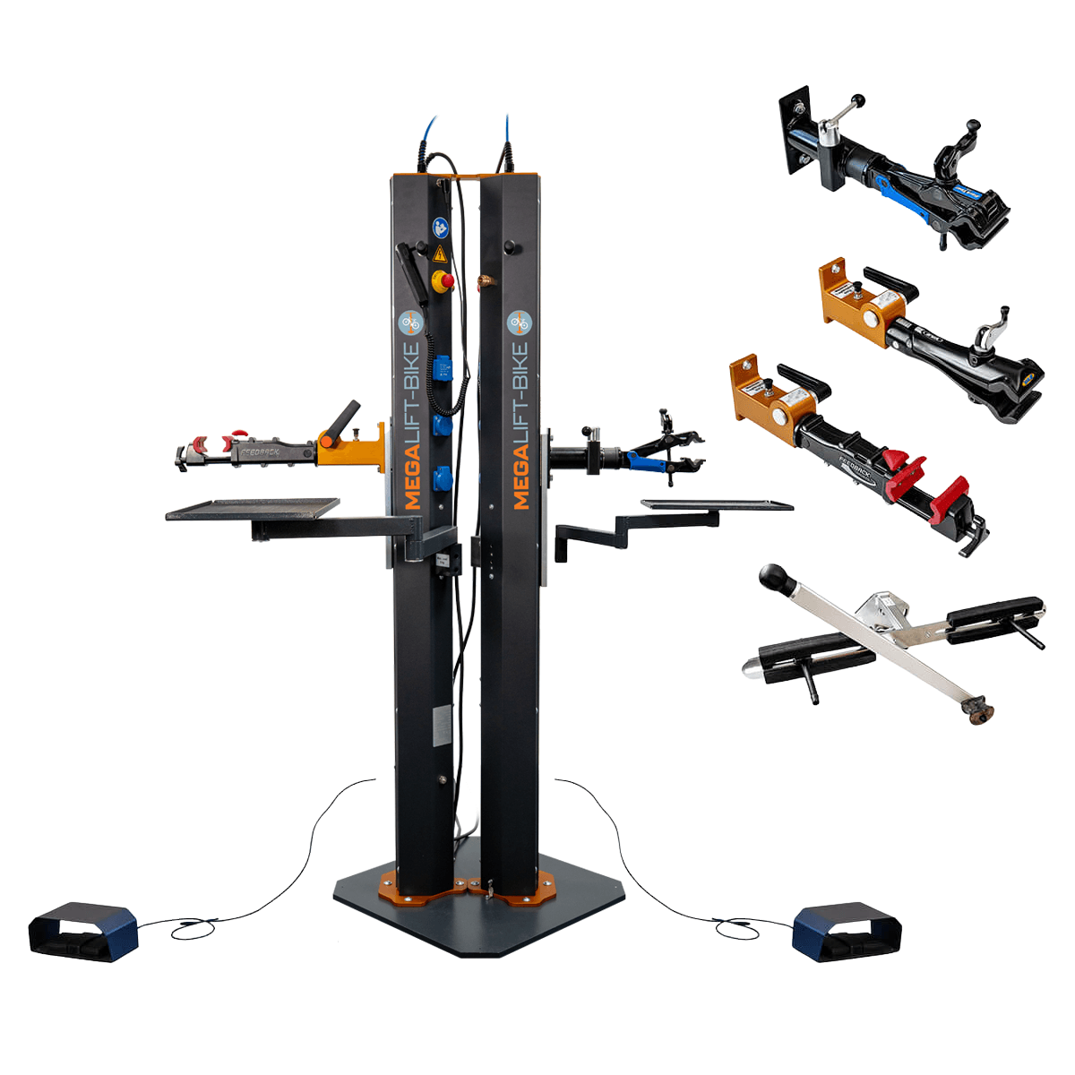 Electric bike repair stand with dual columns, two workstations and modular accessories