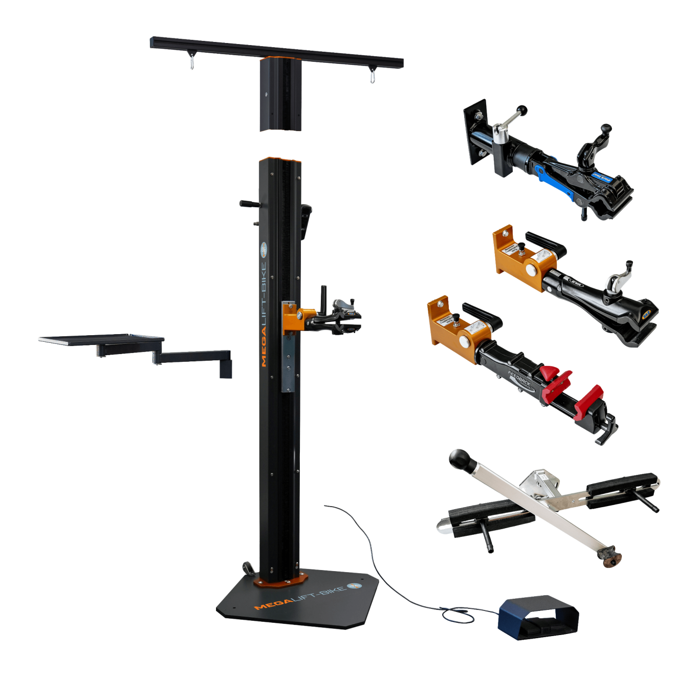 Electric bike repair stand with modular components and accessories shown in exploded view